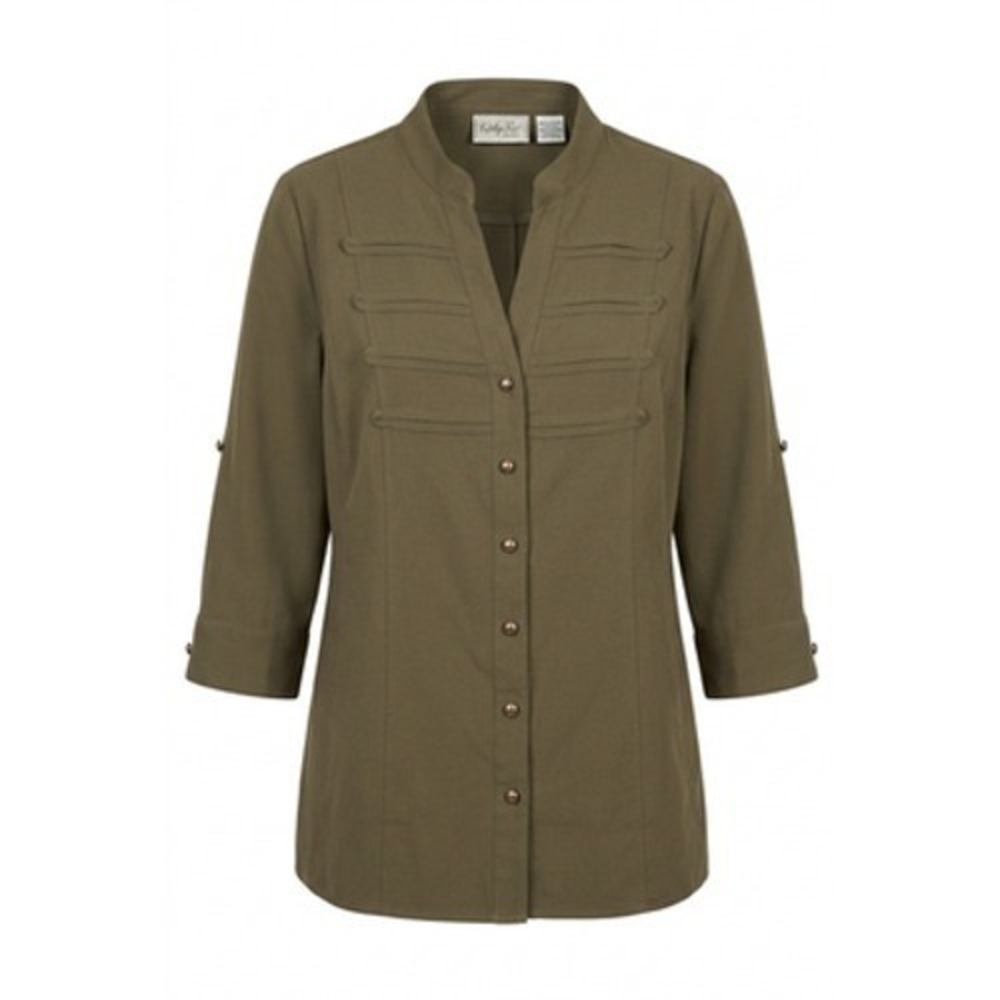 Kathy Che Napoleon Tunic Top Women 22/24W Green Military Button Stretch Utility